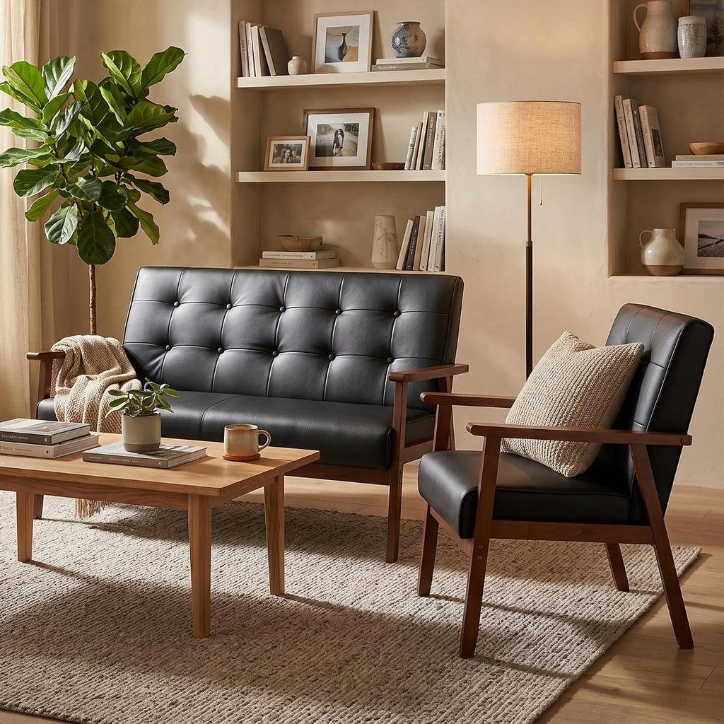 AODAILIHB 2 Piece Living Room Furniture Set, Black Faux Leather Loveseat and Accent Chair, Mid Century Modern Sofa and Chair Set with Solid Wood Arms for Office, Reception & Apartment