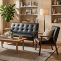 AODAILIHB 2 Piece Living Room Furniture Set, Black Faux Leather Loveseat and Accent Chair, Mid Century Modern Sofa and Chair Set with Solid Wood Arms for Office, Reception & Apartment