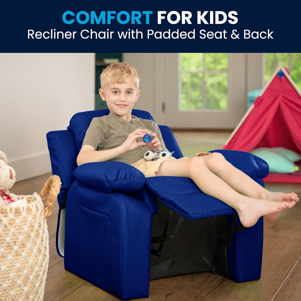 Flash Furniture Charlie Vinyl Kids Recliner with Flip-Up Storage Arms and Safety Recline, Contemporary Reclining Chair for Kids, Supports up to 90 lbs., Blue
