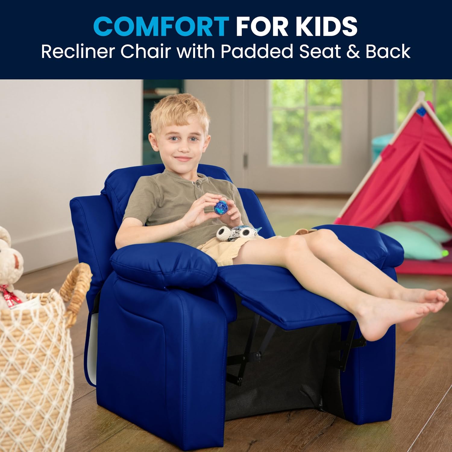 Flash Furniture Charlie Vinyl Kids Recliner with Flip-Up Storage Arms and Safety Recline, Contemporary Reclining Chair for Kids, Supports up to 90 lbs., Blue