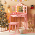 HONEY JOY Kids Vanity Set with Lighted Mirror, 2 in 1 Princess Toddler Dressing Table w/Tri-Fold Mirror & Drawer, Wooden Makeup Table & Chair Set, Pretend Play Vanity Set for Little Girls (Pink)