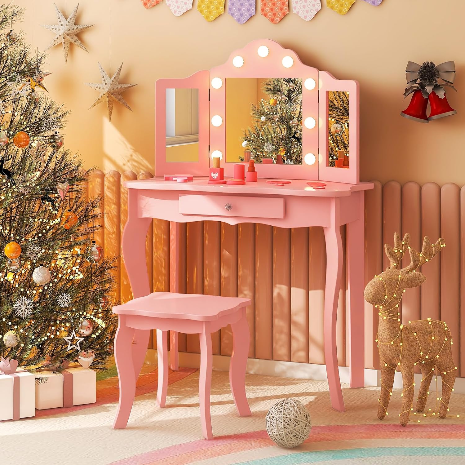 HONEY JOY Kids Vanity Set with Lighted Mirror, 2 in 1 Princess Toddler Dressing Table w/Tri-Fold Mirror & Drawer, Wooden Makeup Table & Chair Set, Pretend Play Vanity Set for Little Girls (Pink)