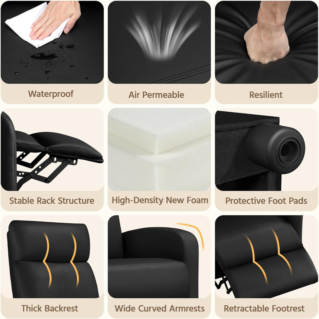 Topeakmart Recliner Chair PU Leather Adjustable Modern Single Reclining Chair with Pocket Spring Living Room Bedroom Home Theater Black
