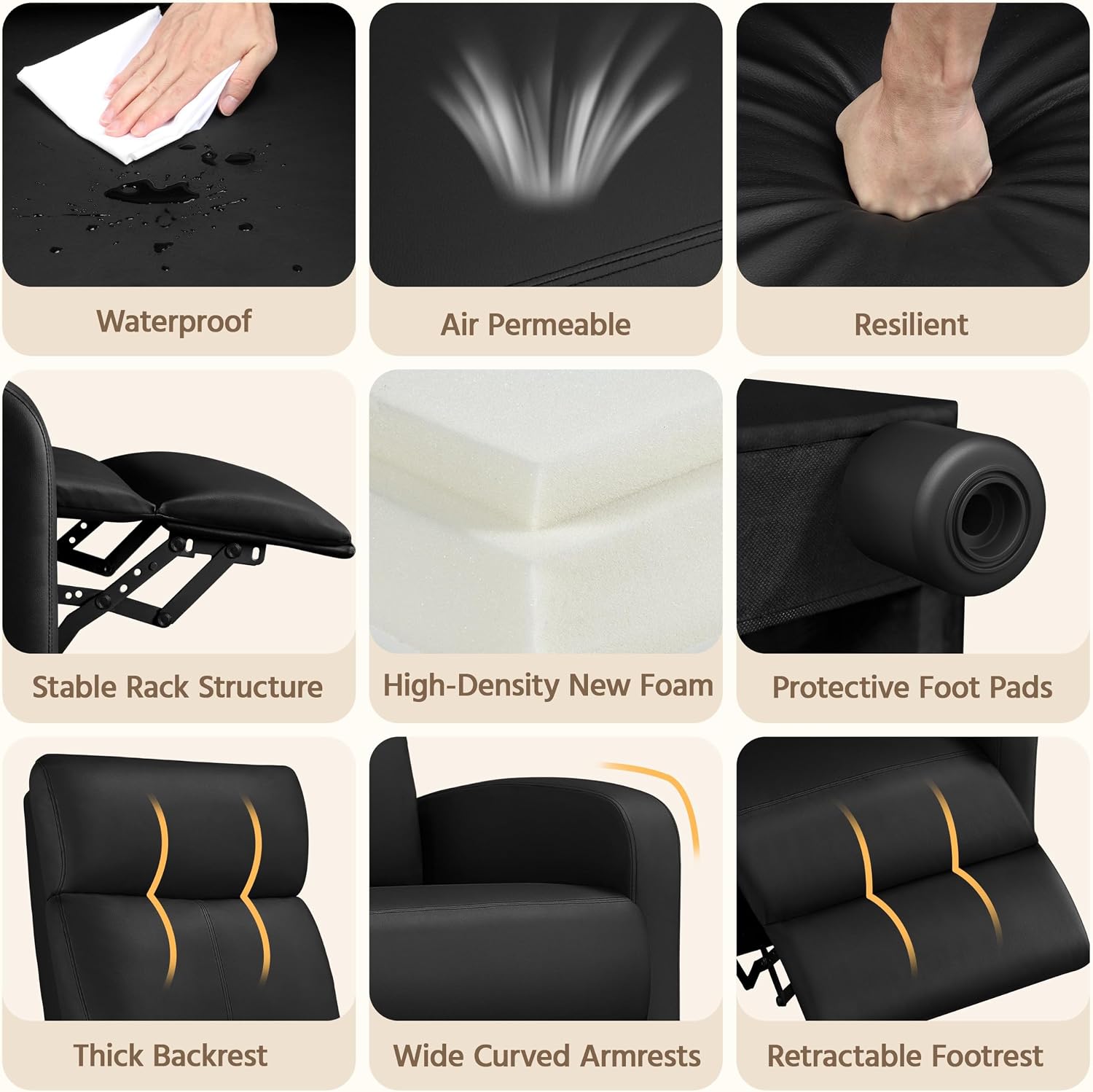 Topeakmart Recliner Chair PU Leather Adjustable Modern Single Reclining Chair with Pocket Spring Living Room Bedroom Home Theater Black