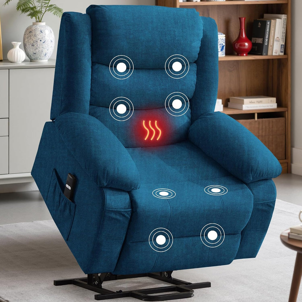 Korser Oversized Power Lift Recliner for Elderly, Extra Wide Electric Recliner Chairs with Massage and Heat, Reclining Chair with Side Pockets, Recliner for Living Room (Cashmere, Blue)