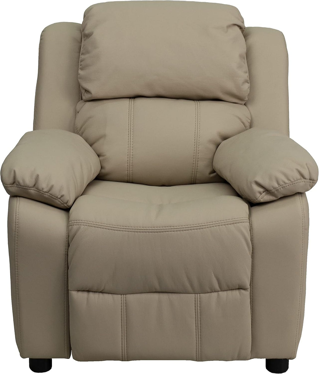 Flash Furniture Charlie Vinyl Kids Recliner with Flip-Up Storage Arms and Safety Recline, Contemporary Reclining Chair for Kids, Supports up to 90 lbs., Beige
