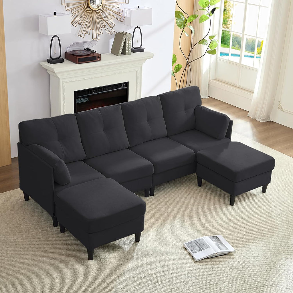 PUREMIND Sectional Couches for Living Room, Modern Snow Velvet U-Shaped Sofa Couch with Double Chaise, Upholstered 4 Seater Sofa with Double Chaise for Living Room, Apartment, Office, Dark Grey