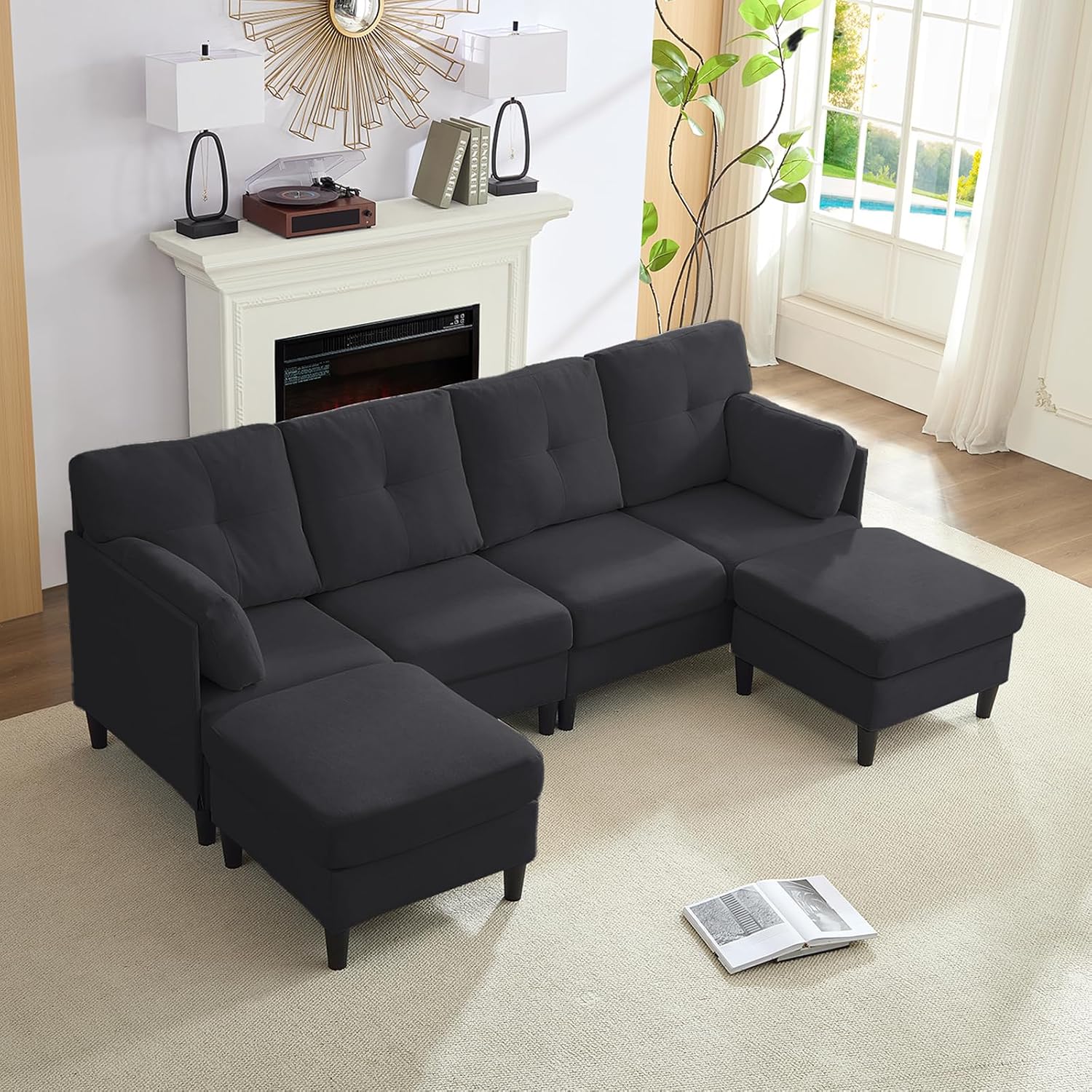 PUREMIND Sectional Couches for Living Room, Modern Snow Velvet U-Shaped Sofa Couch with Double Chaise, Upholstered 4 Seater Sofa with Double Chaise for Living Room, Apartment, Office, Dark Grey