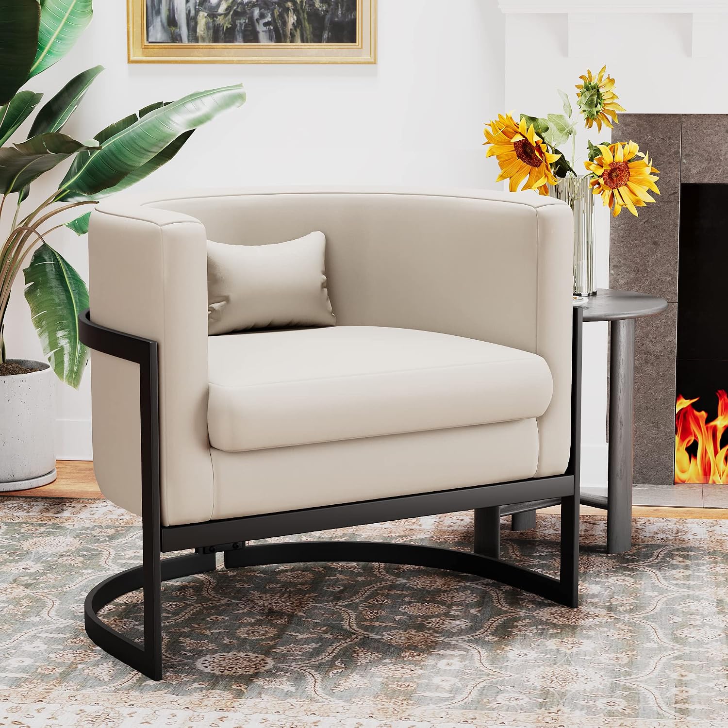 Faux Leather Accent Chair Modern Barrel Chair Upholstered Armchair for Living Room Bedroom Single Sofa Chair Club Chairs Beige