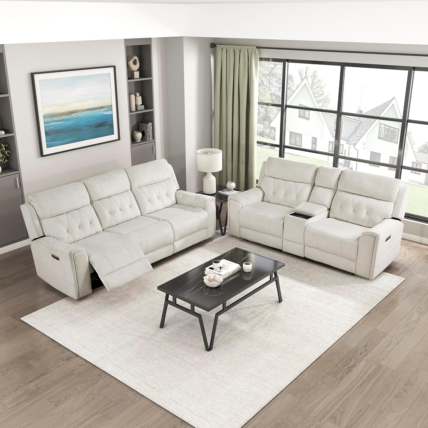 Lexicon Living Room Furniture Sets Including Microfiber Reclining Sofa and Loveseat, Manual Wall Hugger Recliners, Adjustable Headrests/Diamond Tufting, 2 Piece Sets, Beige