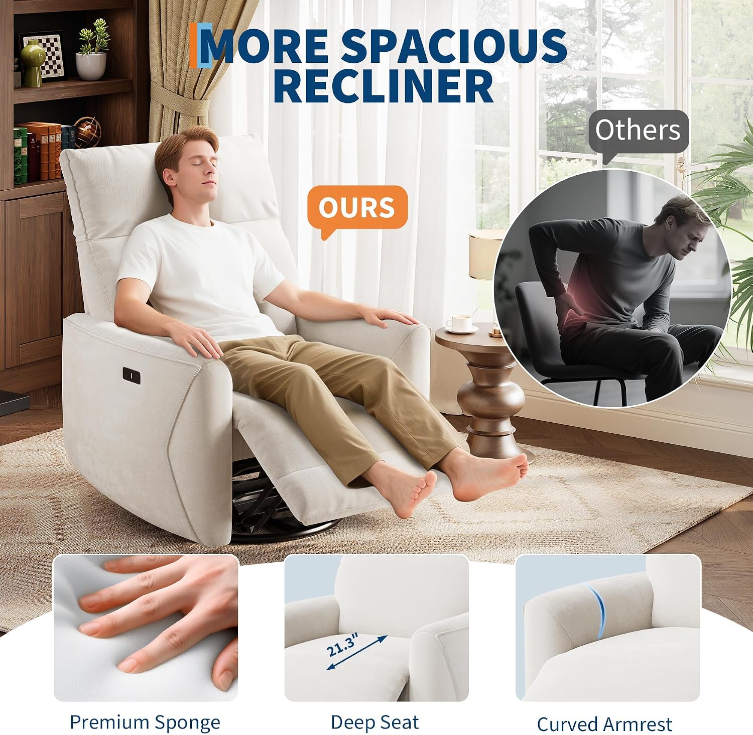 GarveeHome Power Recliner Chair, 270° Swivel Rocking Glider with USB Charging Port, Chenille Upholstered Fabric, Ergonomic Modern Nursery Chair for Living Room, Bedroom, Nursery (Beige)