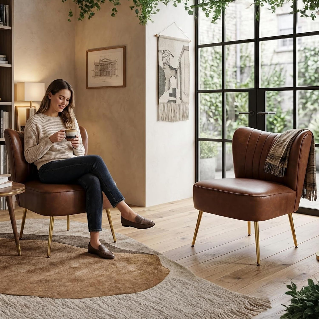 PU Leather Accent Chair Set of 2 - Comfy Armless Slipper Mid Century Side Chair With Golden Legs - Wingback Single Sofa for Living Room, Bedroom, Guest Room - Brown