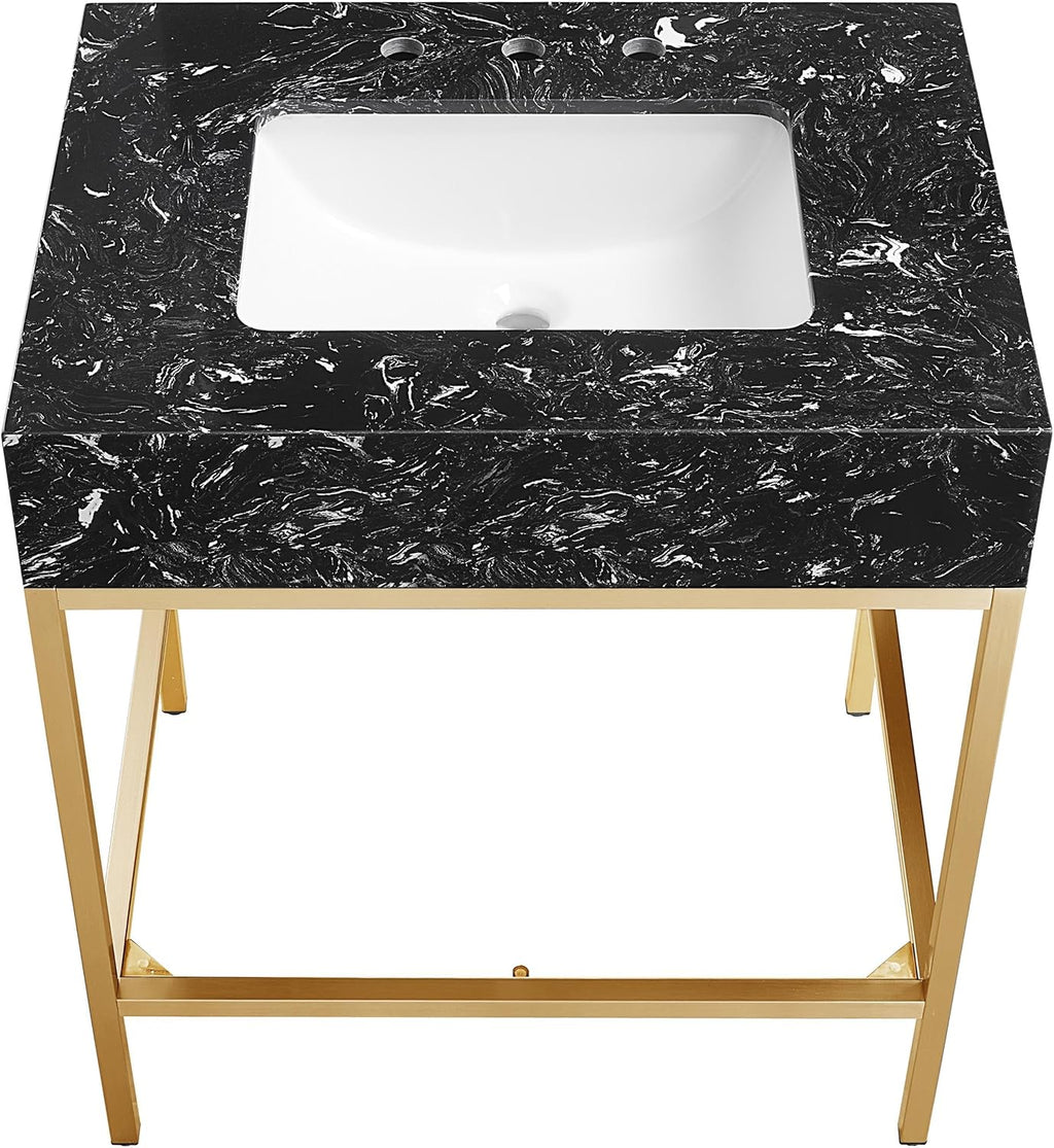 Meridian Furniture 406Black-30 Marmo Collection Modern | Contemporary Bathroom Vanity, Engineered Stone with White Veining, Brushed Brass Stainless Steel Base, 30' W x 23' D x 34' H, White