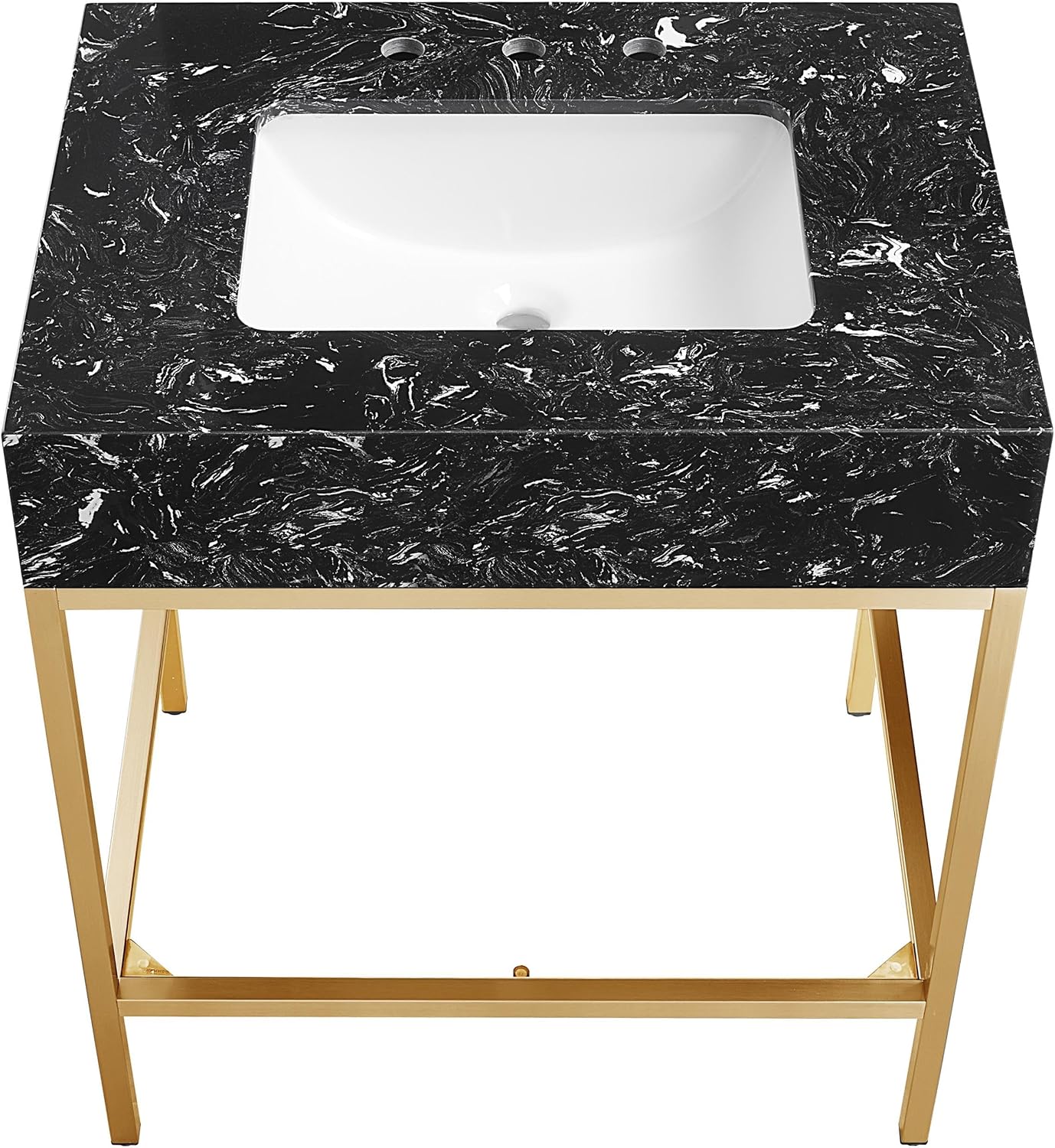 Meridian Furniture 406Black-30 Marmo Collection Modern | Contemporary Bathroom Vanity, Engineered Stone with White Veining, Brushed Brass Stainless Steel Base, 30' W x 23' D x 34' H, White