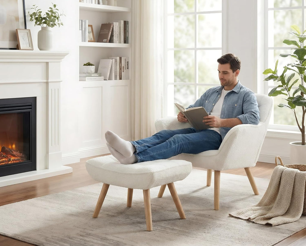 White Sherpa Accent Chair with Ottoman ，Modern Reading Chairs with Ottoman Set, Comfy Fuzzy Armchair Living Room Chair Lounge Chair with Wood Legs for Small Spaces Bedroom Apartment