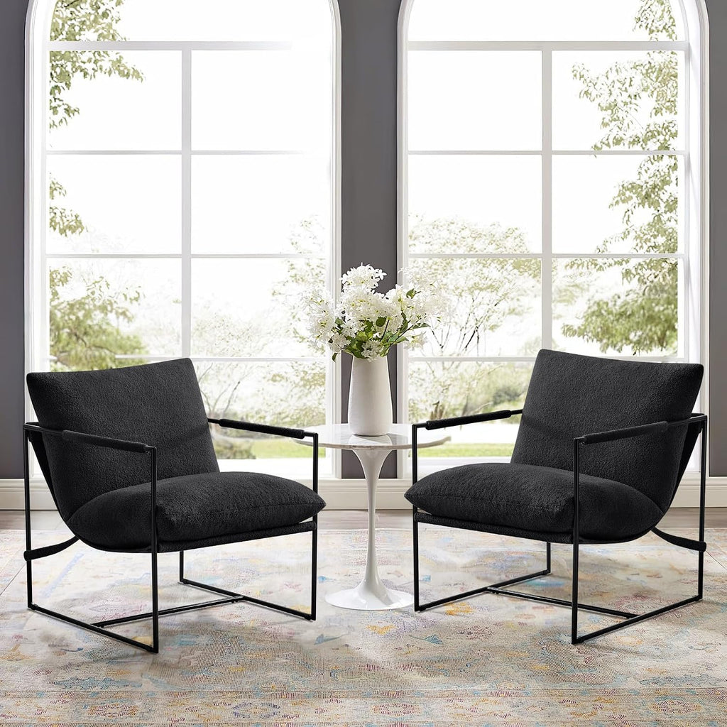 Furnilivng Large Sling Accent Chair, Comfortable Boucle Fabric Arm Chair, Upholstered Cozy Reading Chair for Living Room, Bedroom, Dressing Room, Home Office (Black, Set of 2)