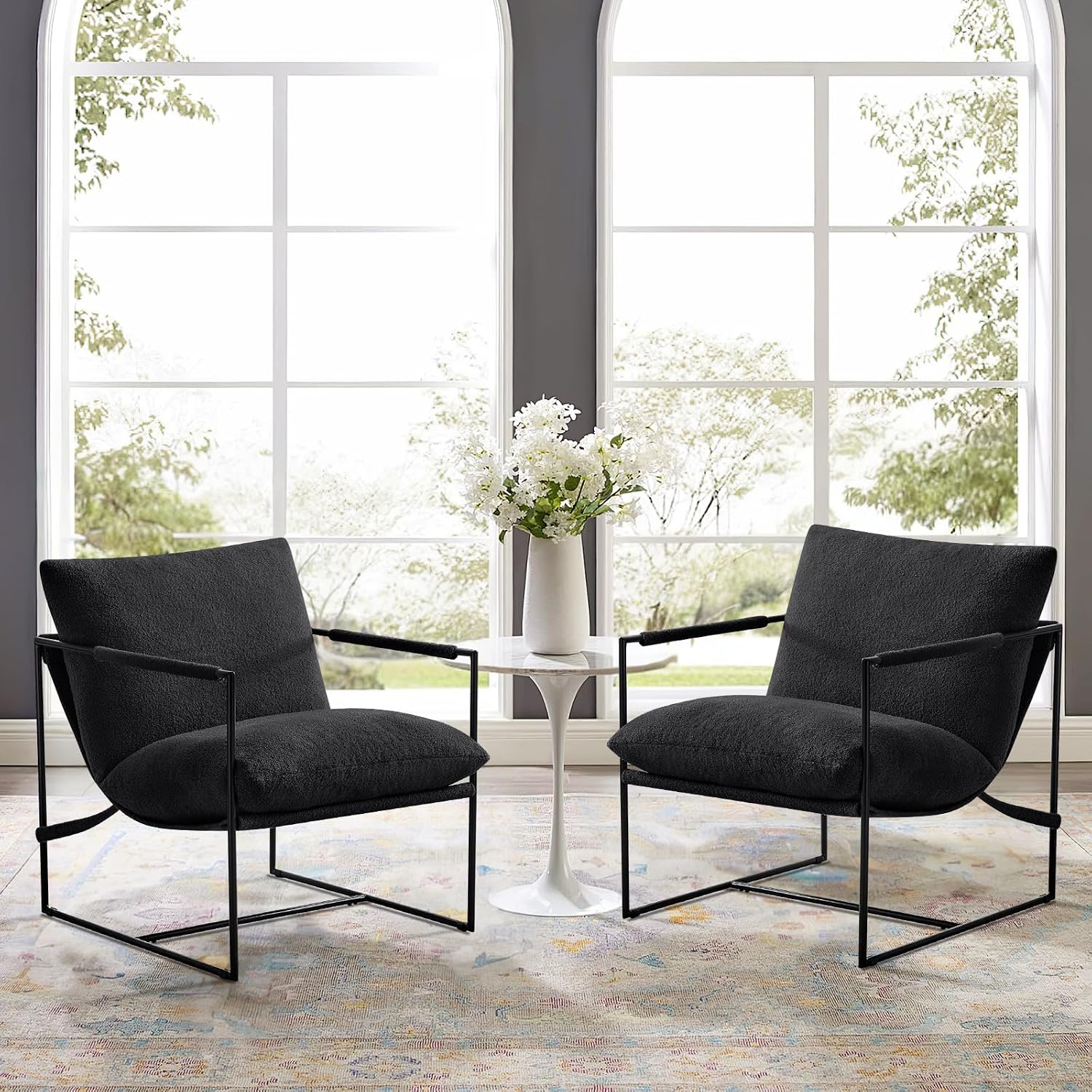 Furnilivng Large Sling Accent Chair, Comfortable Boucle Fabric Arm Chair, Upholstered Cozy Reading Chair for Living Room, Bedroom, Dressing Room, Home Office (Black, Set of 2)