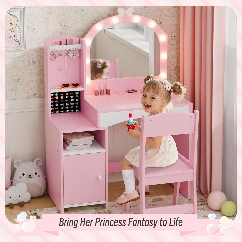 Girls Vanity Table and Chair Set, Kids Vanity with Jewelry Organizer for Princess, Toddler Makeup Vanity Desk with Open Shelf, Closed Cabinet and Butterfly Pattern, Pink