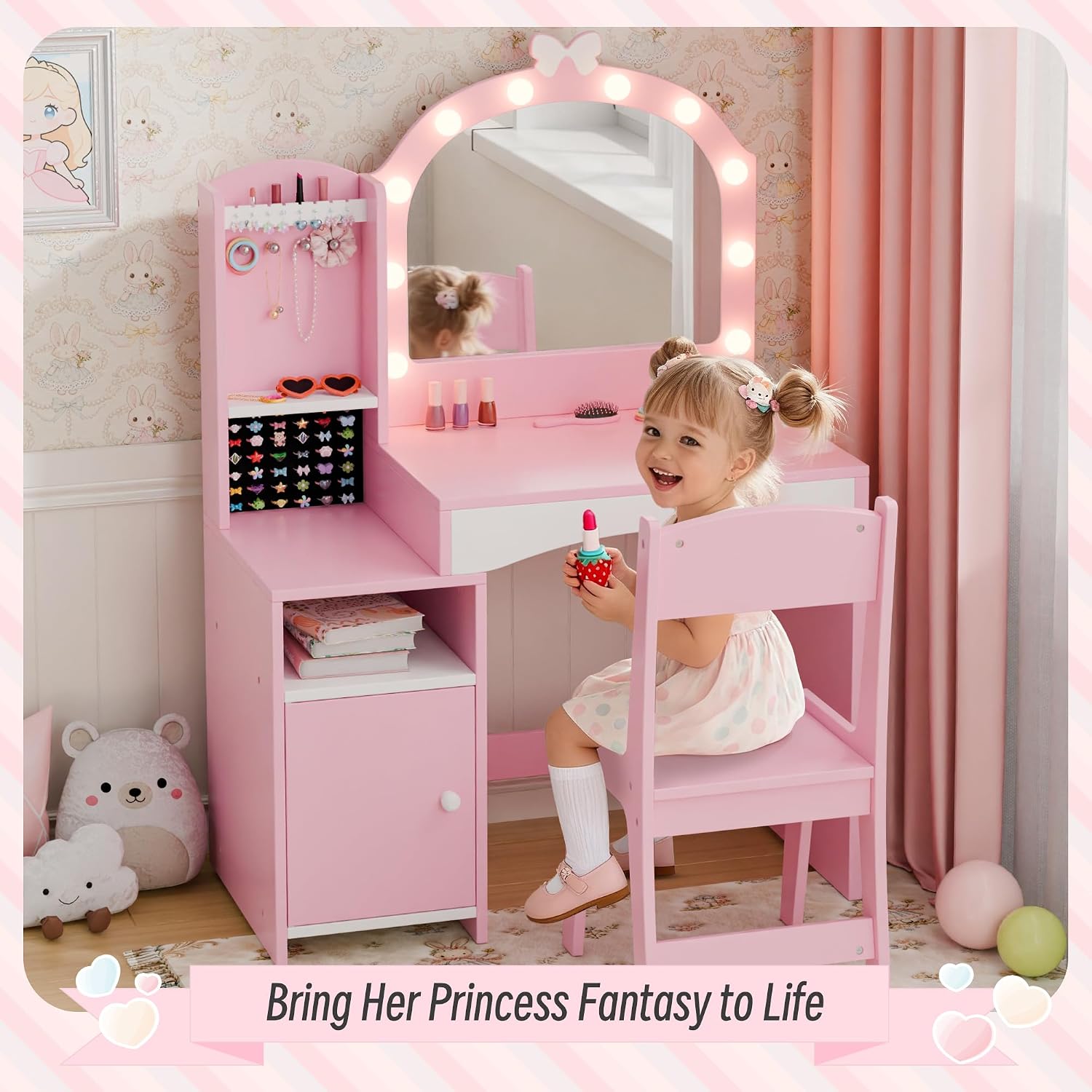 Girls Vanity Table and Chair Set, Kids Vanity with Jewelry Organizer for Princess, Toddler Makeup Vanity Desk with Open Shelf, Closed Cabinet and Butterfly Pattern, Pink