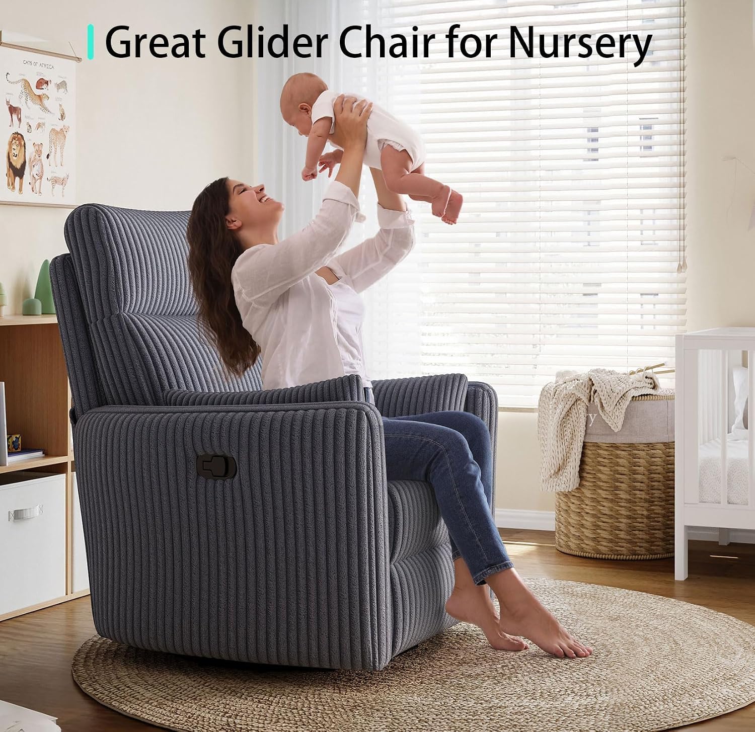 LINSY 360 Swivel Recliner Chair, Nursery Glider Rocking Chair with 2 Pillows, Corduroy Nursing Chair Comfy High Back Adult Rocker Recliner for Small Spaces, Nursery Bedroom Living Room (Gray)