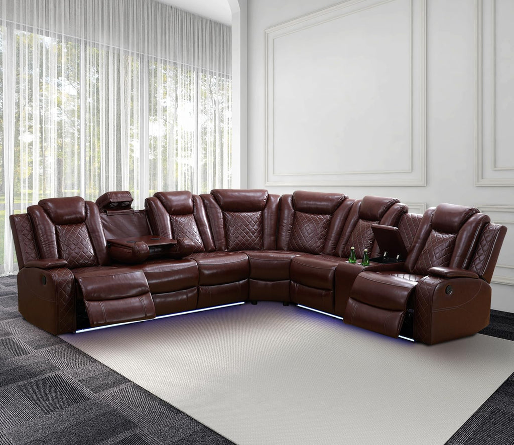 Power Recliner Sofa Sectional Couch with LED Light for Living Room,Leather Reclining Corner Sectional Sofa with 2 Recliner Seats,Cup Holder,Storage Console for House/Home Theater, Wine