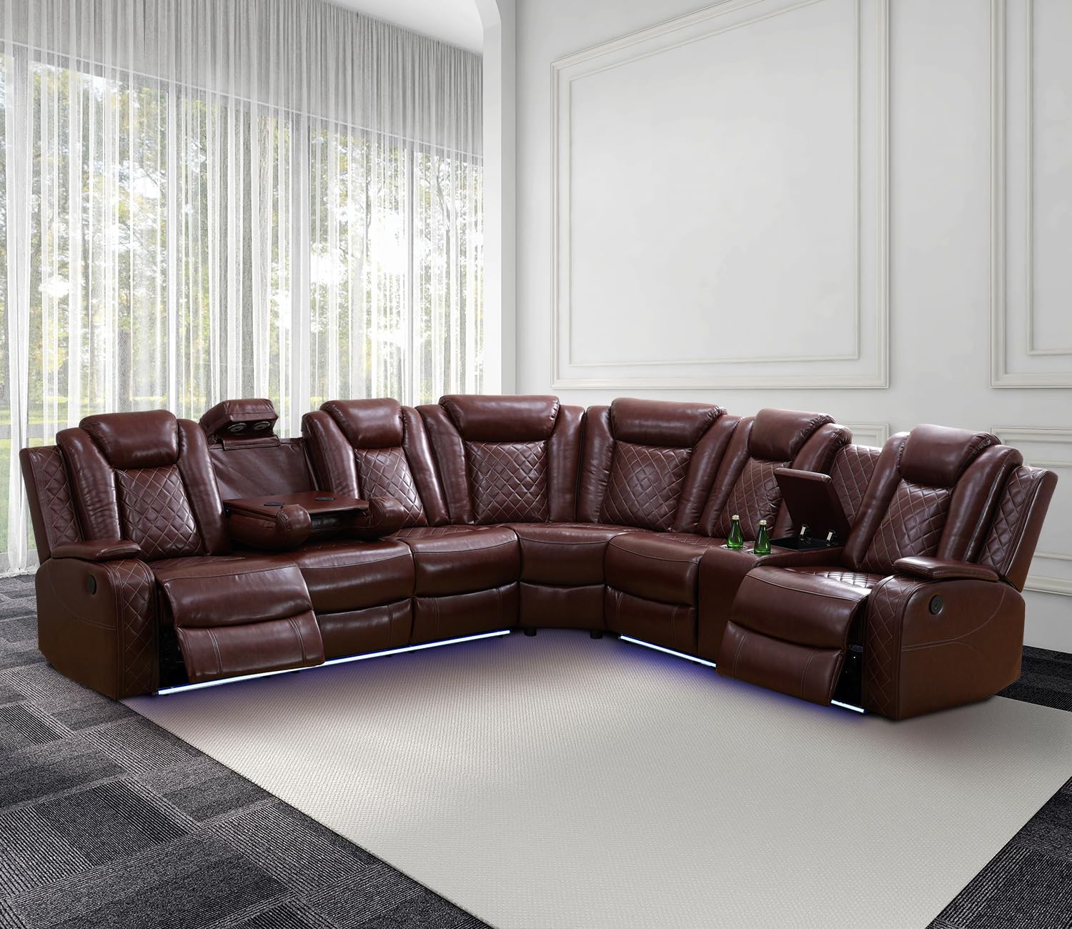 Power Recliner Sofa Sectional Couch with LED Light for Living Room,Leather Reclining Corner Sectional Sofa with 2 Recliner Seats,Cup Holder,Storage Console for House/Home Theater, Wine
