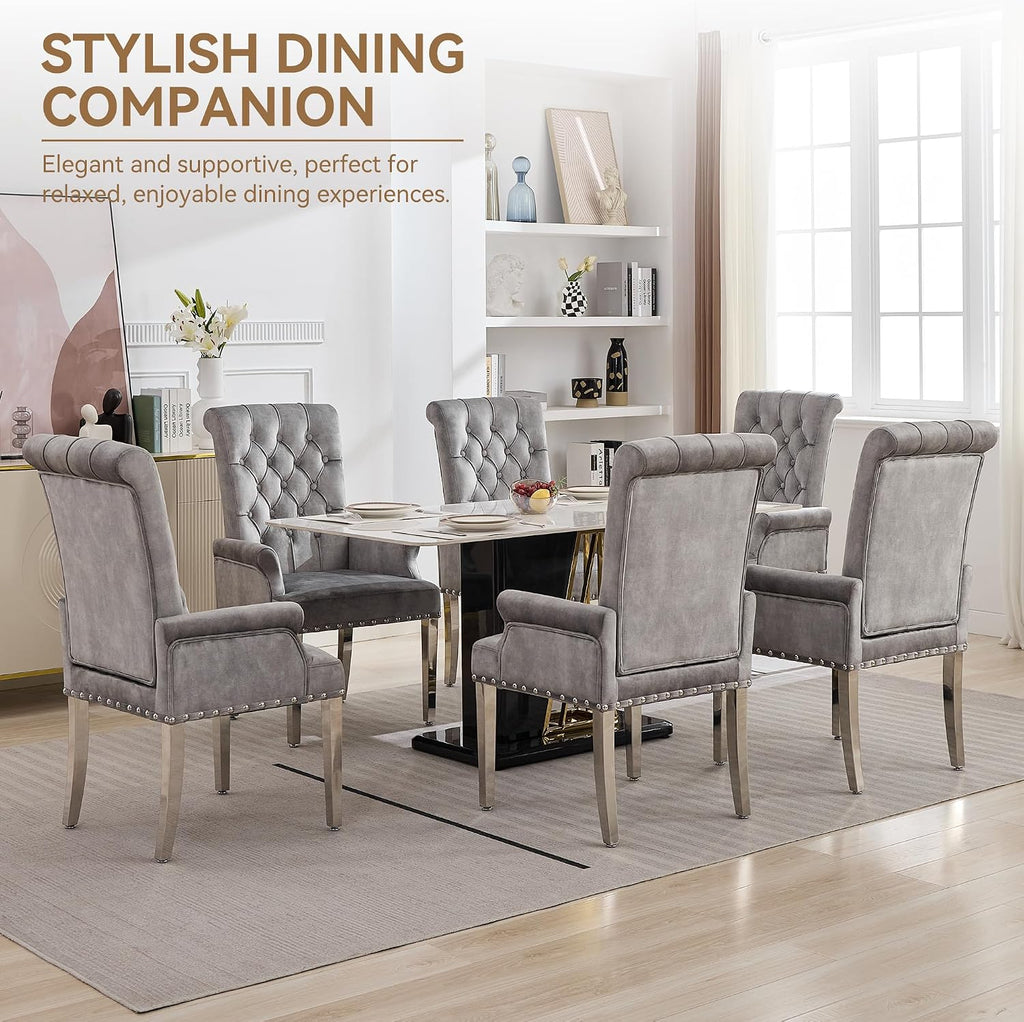 WUTUTUEE Velvet Dining Chair with Arms, Upholstered Tufted High Back Dining Room Chairs, Accent Armchair with Chrome Leg and Nailhead Trim, Kitchen Dining Living Room, Grey