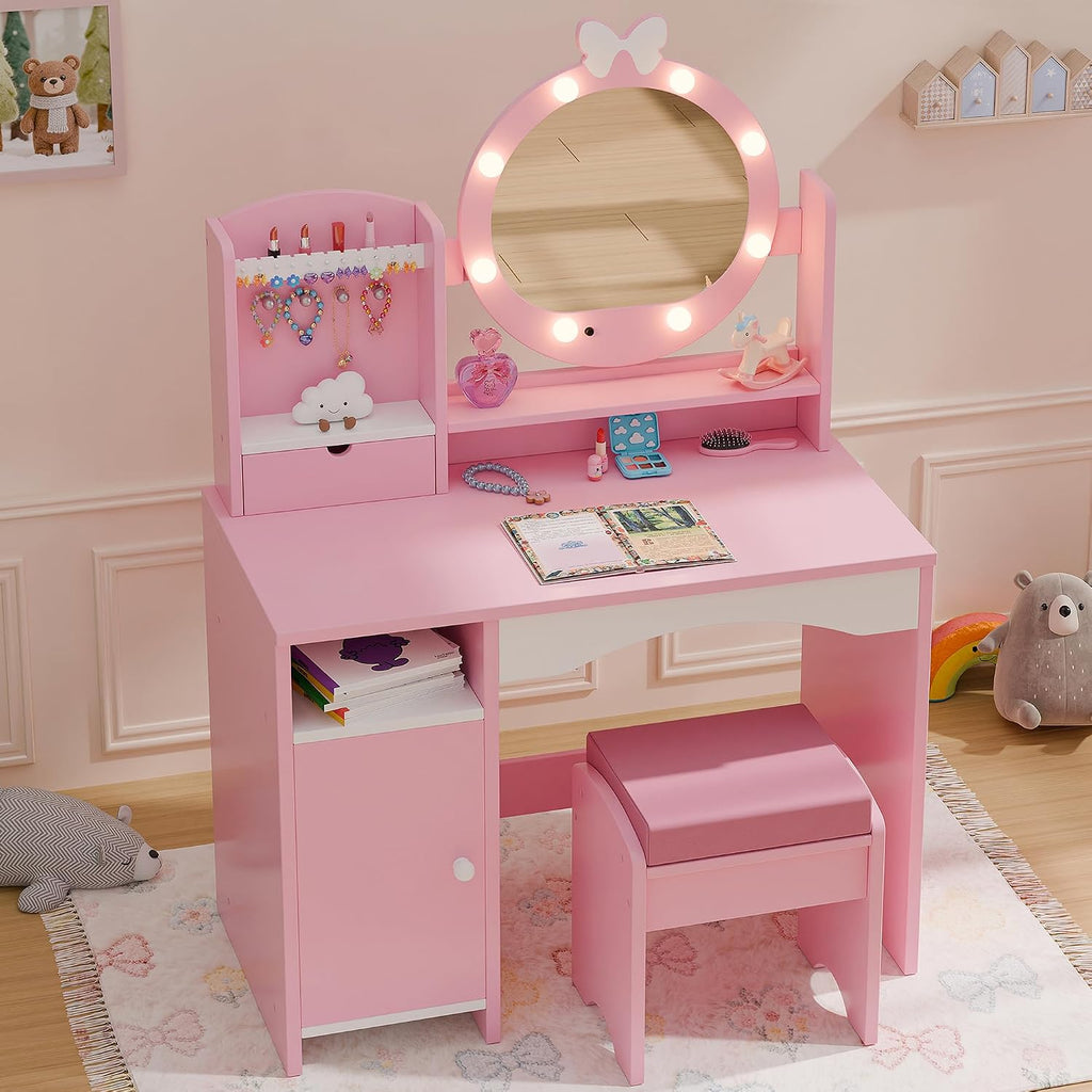 TOLEAD Kids Vanity, Girls Vanity Set with Mirror and Stool and Lights, Toddler Vanity Table and Chair Set with Jewelry Storage, Wooden Princess Makeup Desk Dressing Table for Girls, Pink