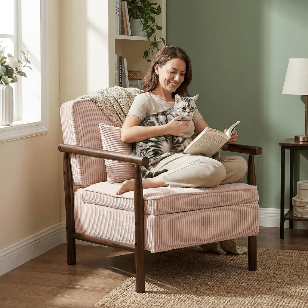 Accent Chair with Hidden Storage, Mid-Century Upholstered Armchair with Solid Wood Frame, Corduroy Fabric Accent Chair for Living Room, Bedroom, and Reading Corner(Pink)