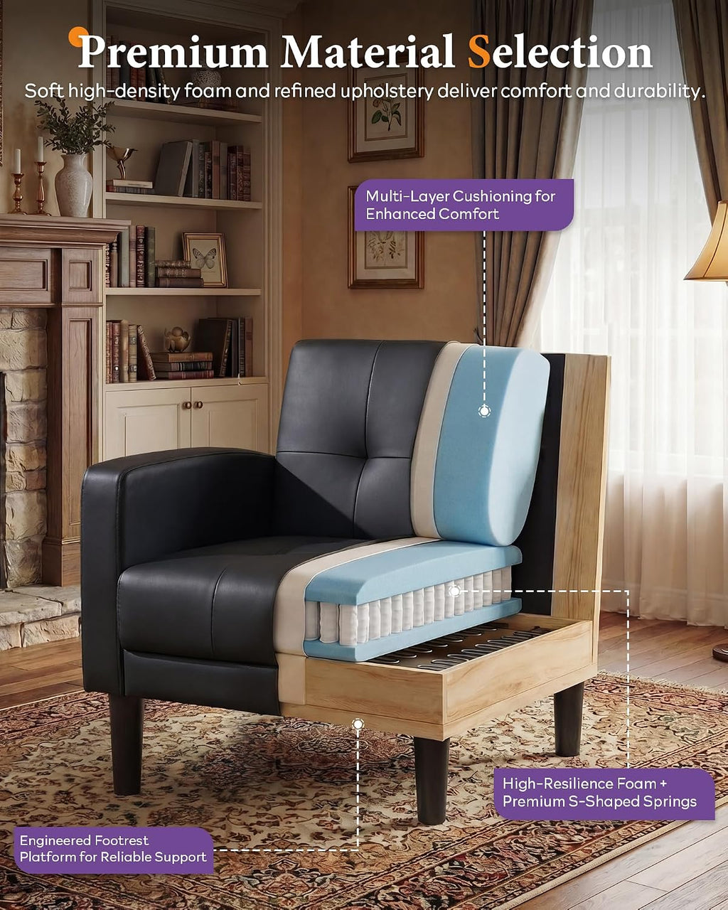 TYBOATLE Accent Chair, Living Room Chairs, Cozy Tufted Mid Century Modern Black Accent Chairs with Arms for Bedroom, Comfy Reading Arm Chair,Small Chairs for Small Spaces,Living Room,Office (1, Black)