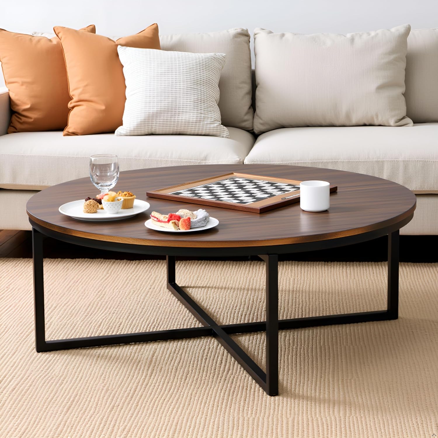Arcadia 42-Inch Round Acacia Wood Coffee Table – Industrial Living Room Table with Antiqued Mocha Finish and Metal Sled Legs – Ideal Centerpiece for Sectionals and Sofas by Alaterre Furniture