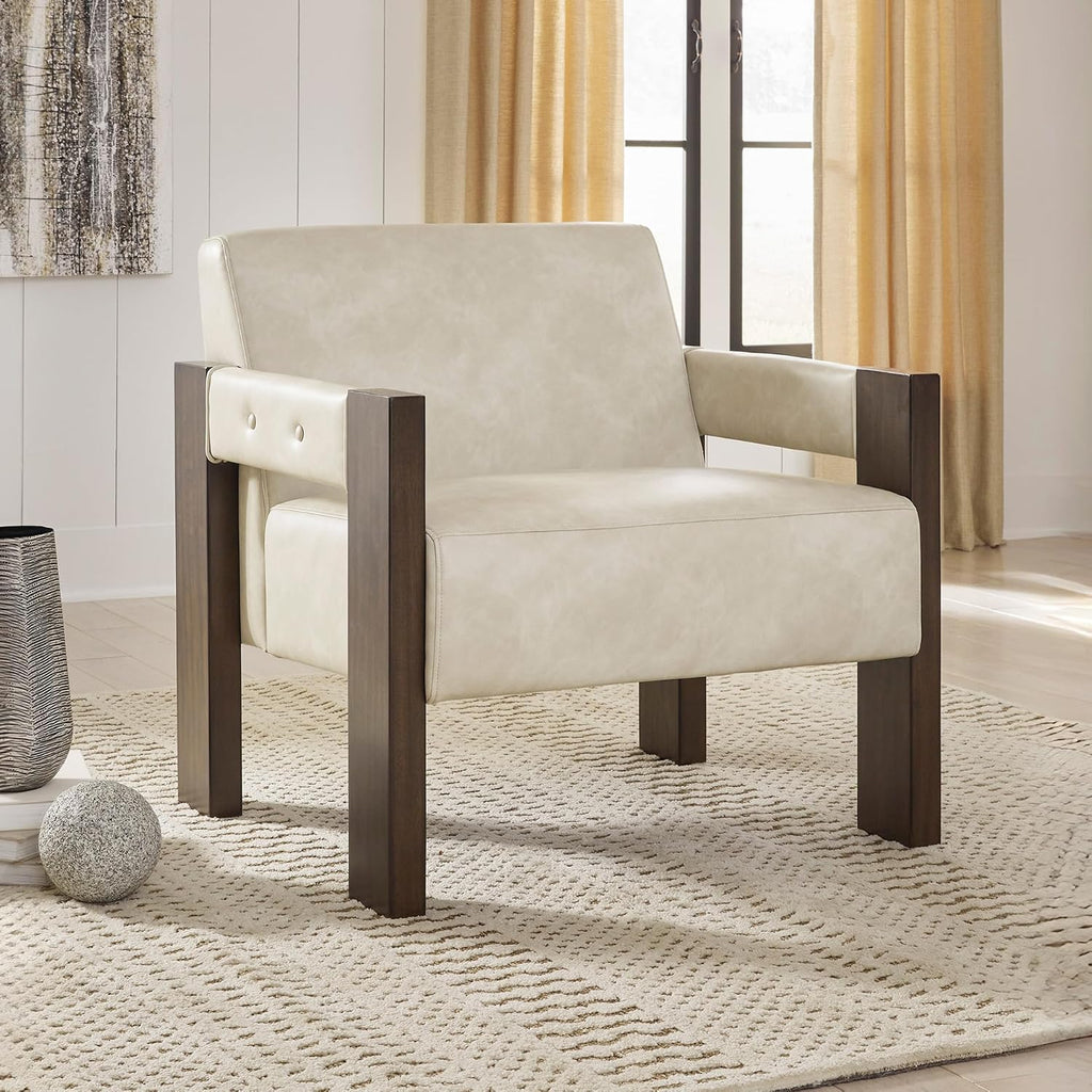 Signature Design by Ashley Adlanlock Contemporary Faux Leather Upholstered Solid Wood Accent Chair, Beige & Dark Brown