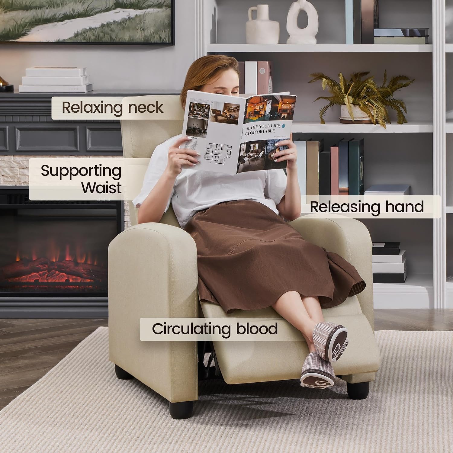 Topeakmart Fabric Recliner Sofa Push Back Recliner Chair Adjustable Modern Single Reclining Chair Upholstered Sofa with Pocket Spring Living Room Bedroom Home Theater Beige