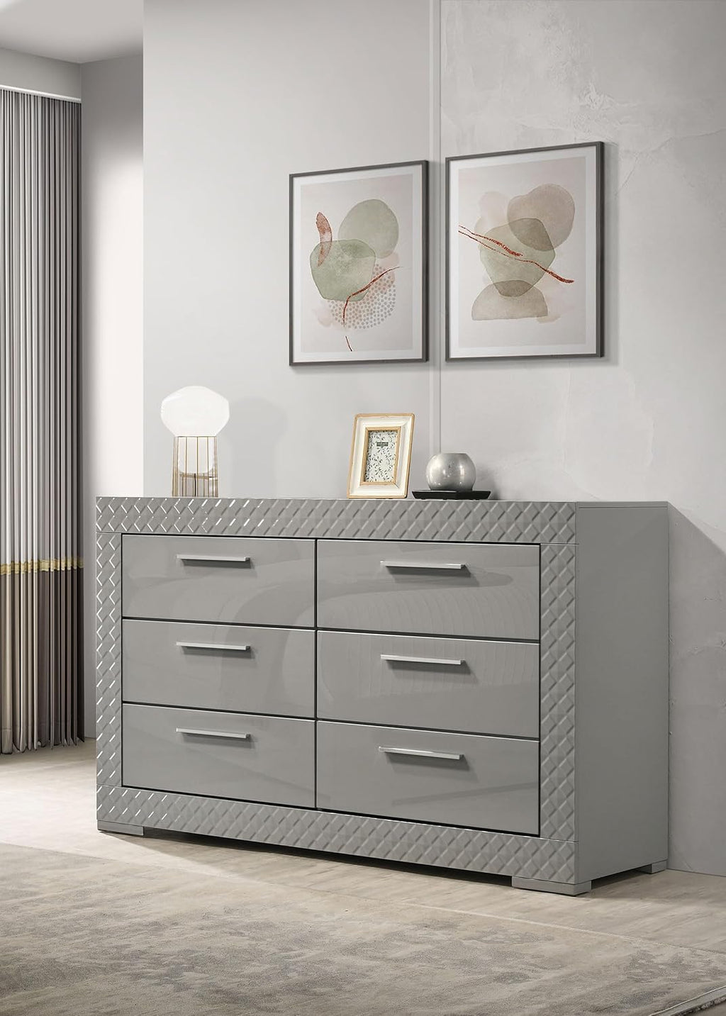 Coaster Home Furnishings - Ives - Wood - 6-Drawer Dresser with Contemporary Style, Tile Emboss, Felt-Lined Top, Metal Handles, Metal Extension Glides - Bedroom - Grey High Gloss - 224973