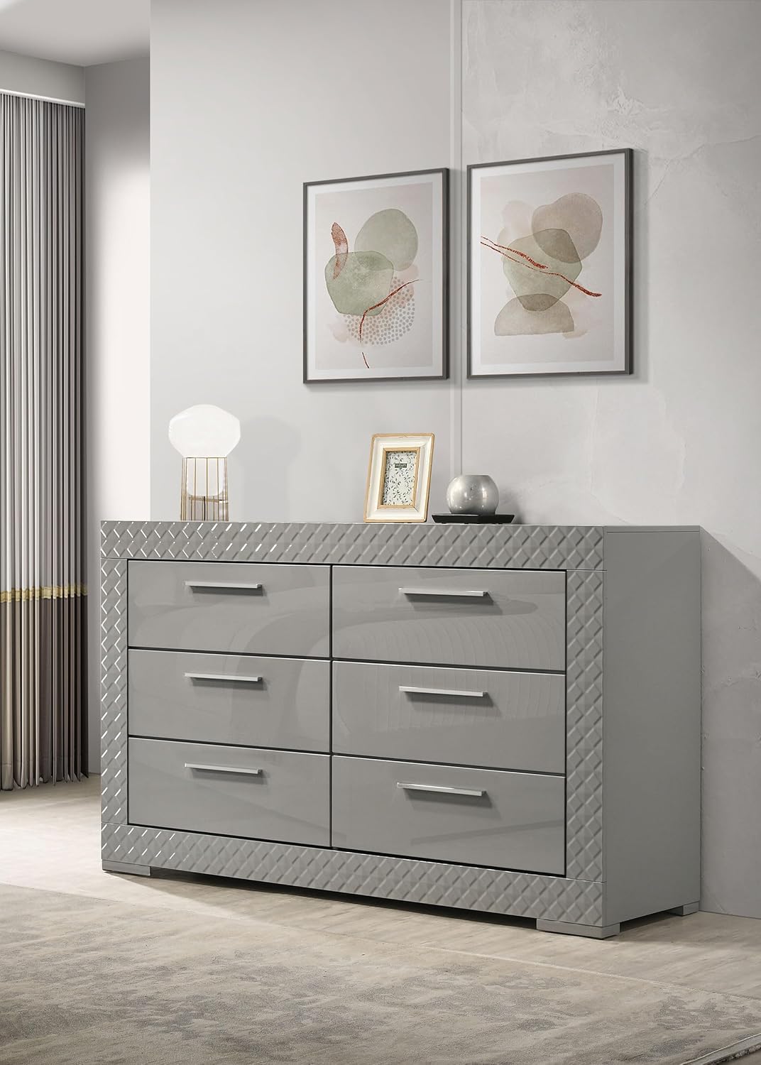 Coaster Home Furnishings - Ives - Wood - 6-Drawer Dresser with Contemporary Style, Tile Emboss, Felt-Lined Top, Metal Handles, Metal Extension Glides - Bedroom - Grey High Gloss - 224973