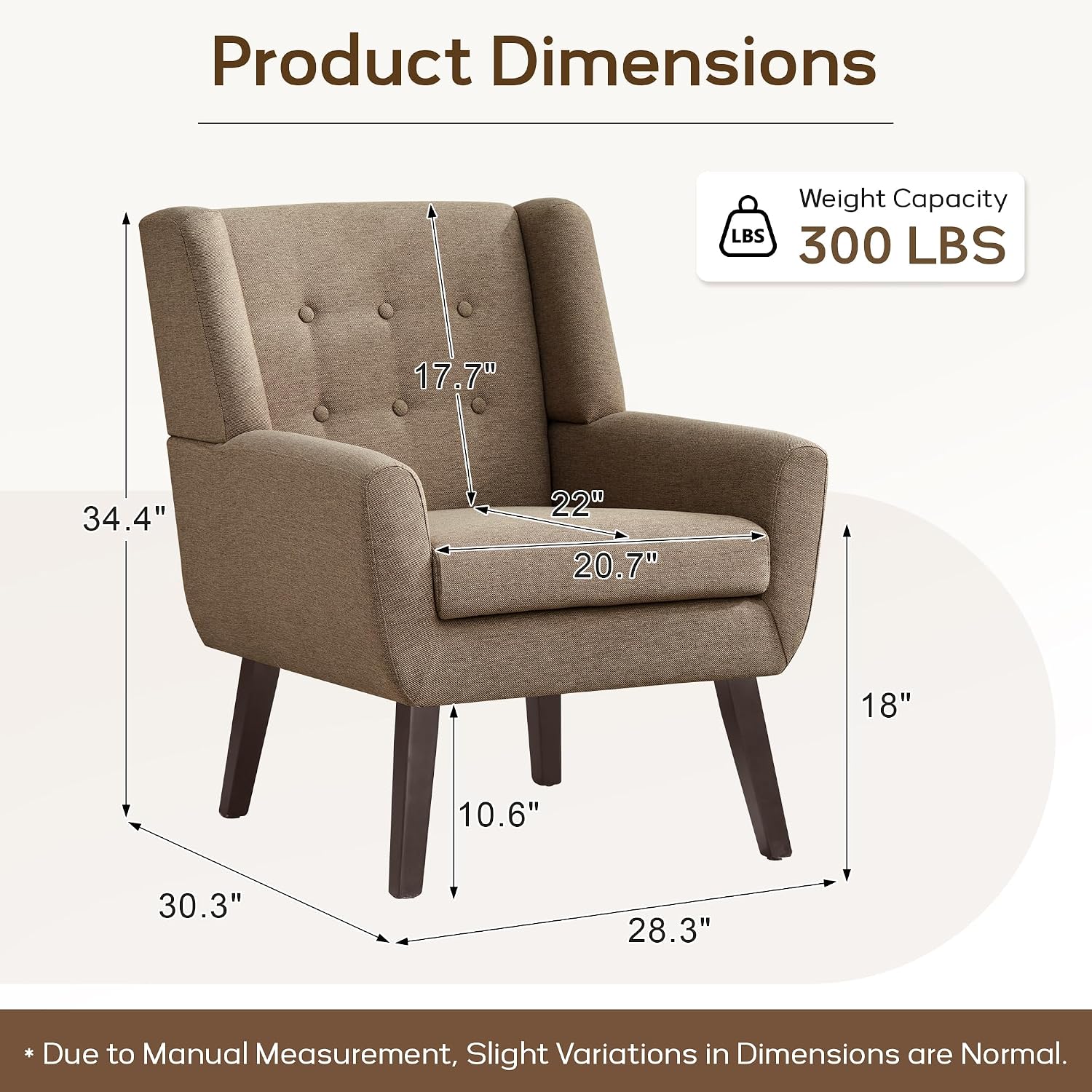 HUIMO Accent Chairs for Living Room,Linen Button-Tufted Upholstered Armchair with Wooden Legs,Comfy Mid Century Modern Chair for Bedroom Apartment Waiting Room Brown