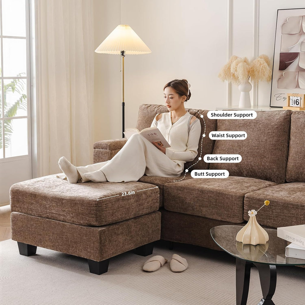 Rexulqo 85'' L Shaped Couch with Armrest Organizer,3 Seats Sofas with Movable Ottoman,Comfy Sectional Sofa with Thick Cushion,Sectional Couches for Living Room,Bedroom,Apartment,Chenille,Brown