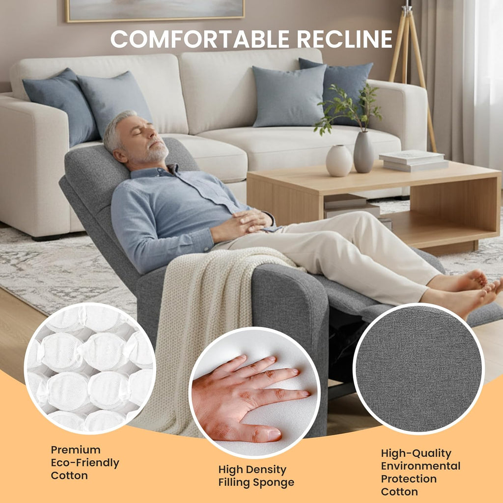 HealSmart Adjustable Push Back Recliner Chair, Soft Fabric Lounge Sofa for Reading & Relaxing, Perfect Home Theater Chair for Living Room & Bedroom, Grey