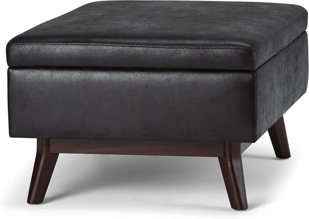 SIMPLIHOME Owen Coffee Table Storage Ottoman - 34' Wide x 19' High Upholstered Vegan Leather Rectangular Lift-Top Ottoman in Distressed Black, Mid-Century Bench for Living Room with Tapered Legs