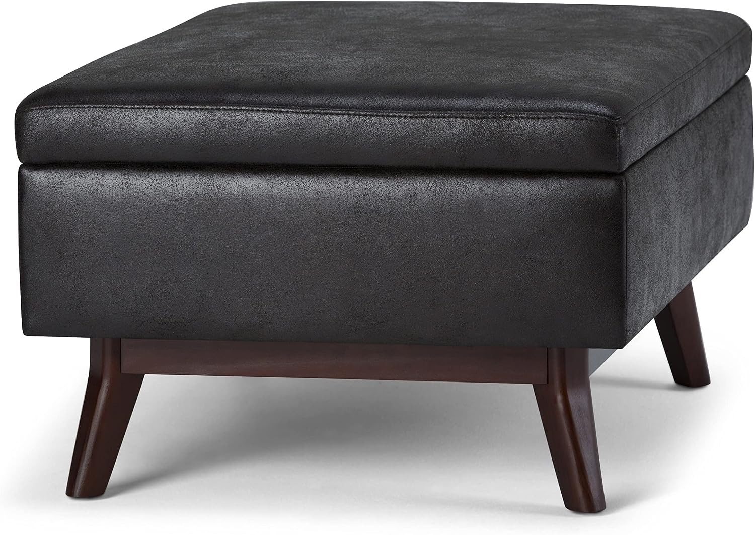 SIMPLIHOME Owen Coffee Table Storage Ottoman - 34' Wide x 19' High Upholstered Vegan Leather Rectangular Lift-Top Ottoman in Distressed Black, Mid-Century Bench for Living Room with Tapered Legs