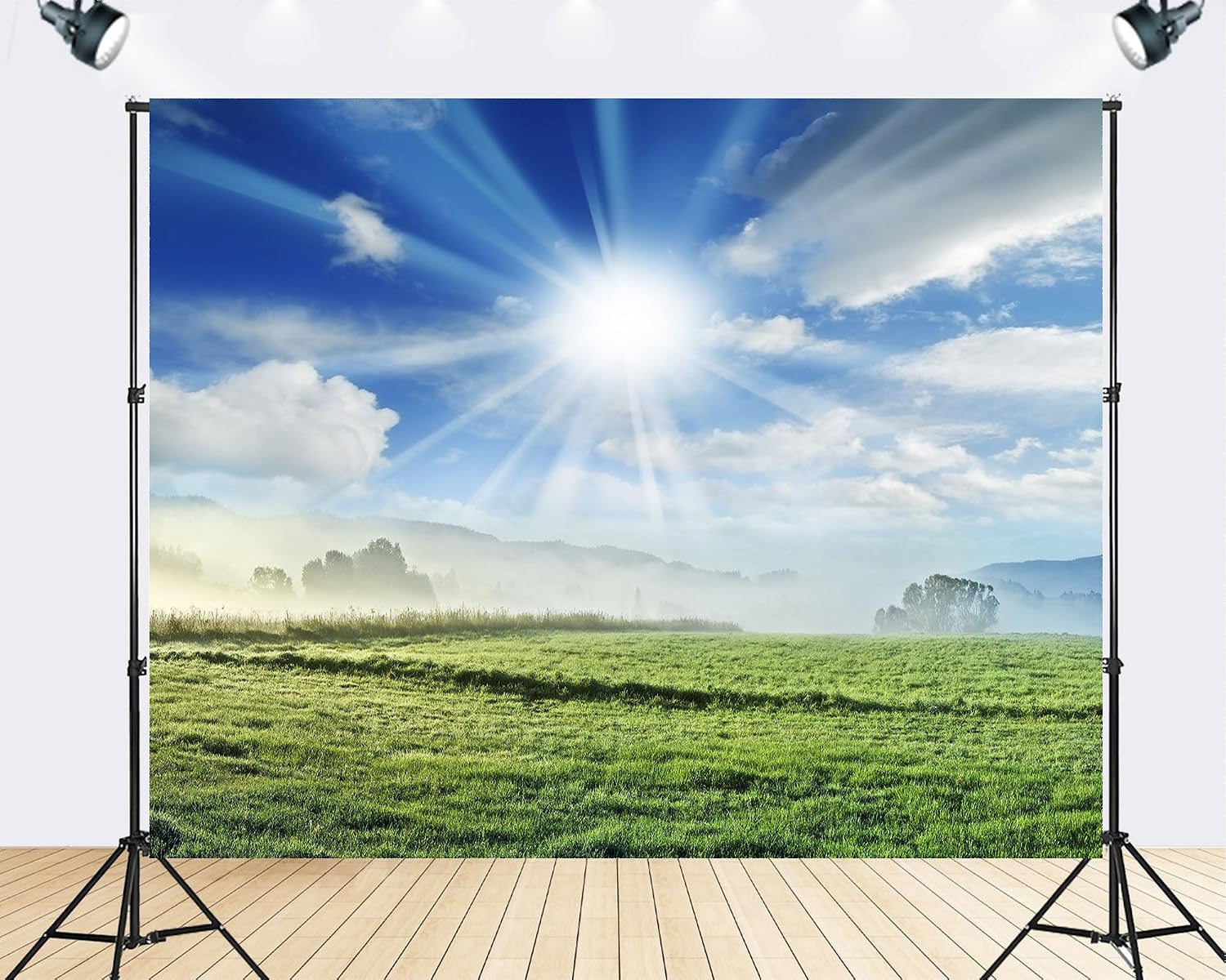 Trykid 20x10ft Sunbeam Green Meadow Backdrop Misty Mountain Clear Sky Photography Background Outdoor Camping Nature Hike Tapestry Party Decoration Photo Studio Prop Fabric