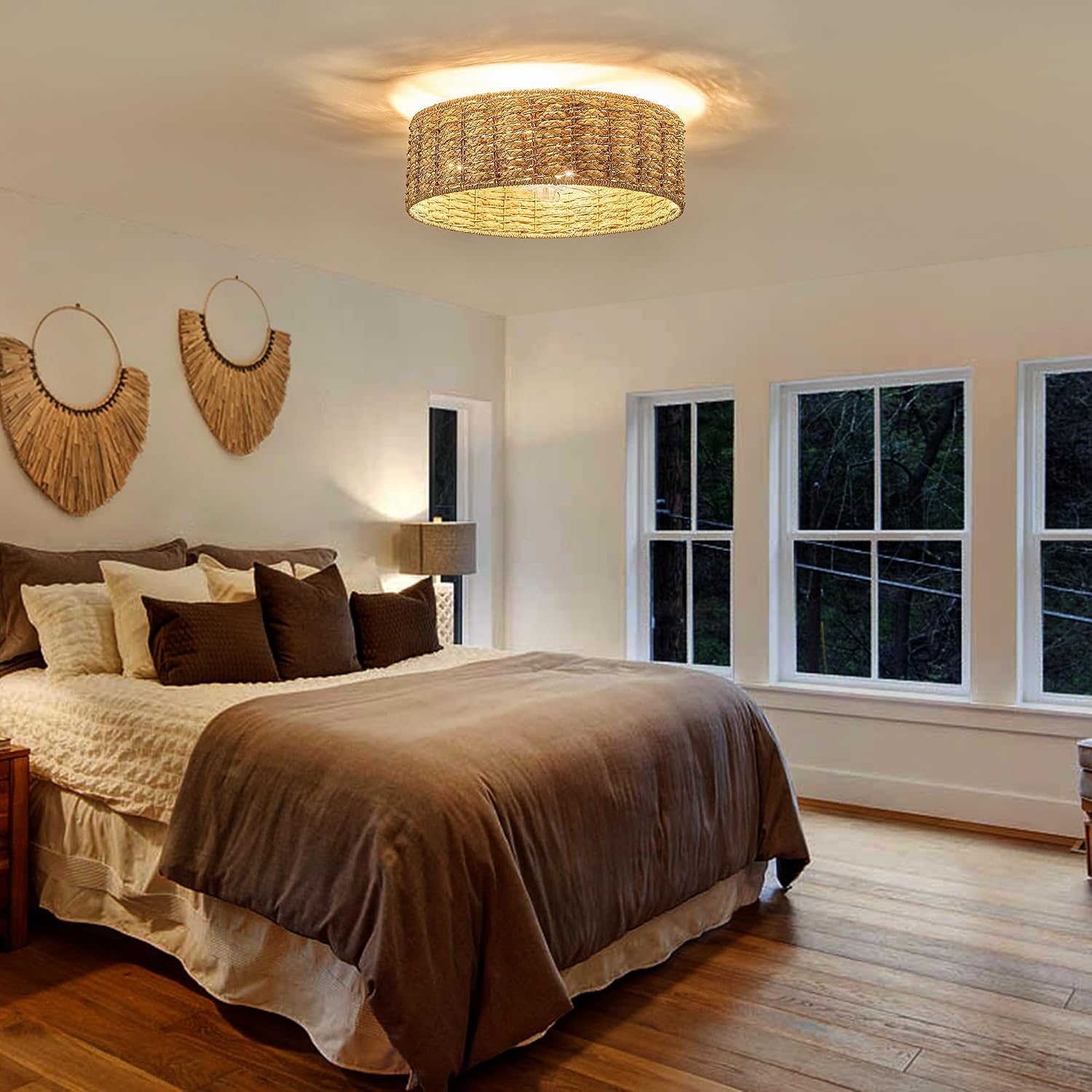 20' Fandelier Rattan Boho Ceiling Fans ，Rattan chandelier，Boho， Remote Control, 6 Speeds, Handwoven，also has 1 hour/2 hours/4 hours timer off function，for Bedroom, Living Room, Dining Room, Yoga Room