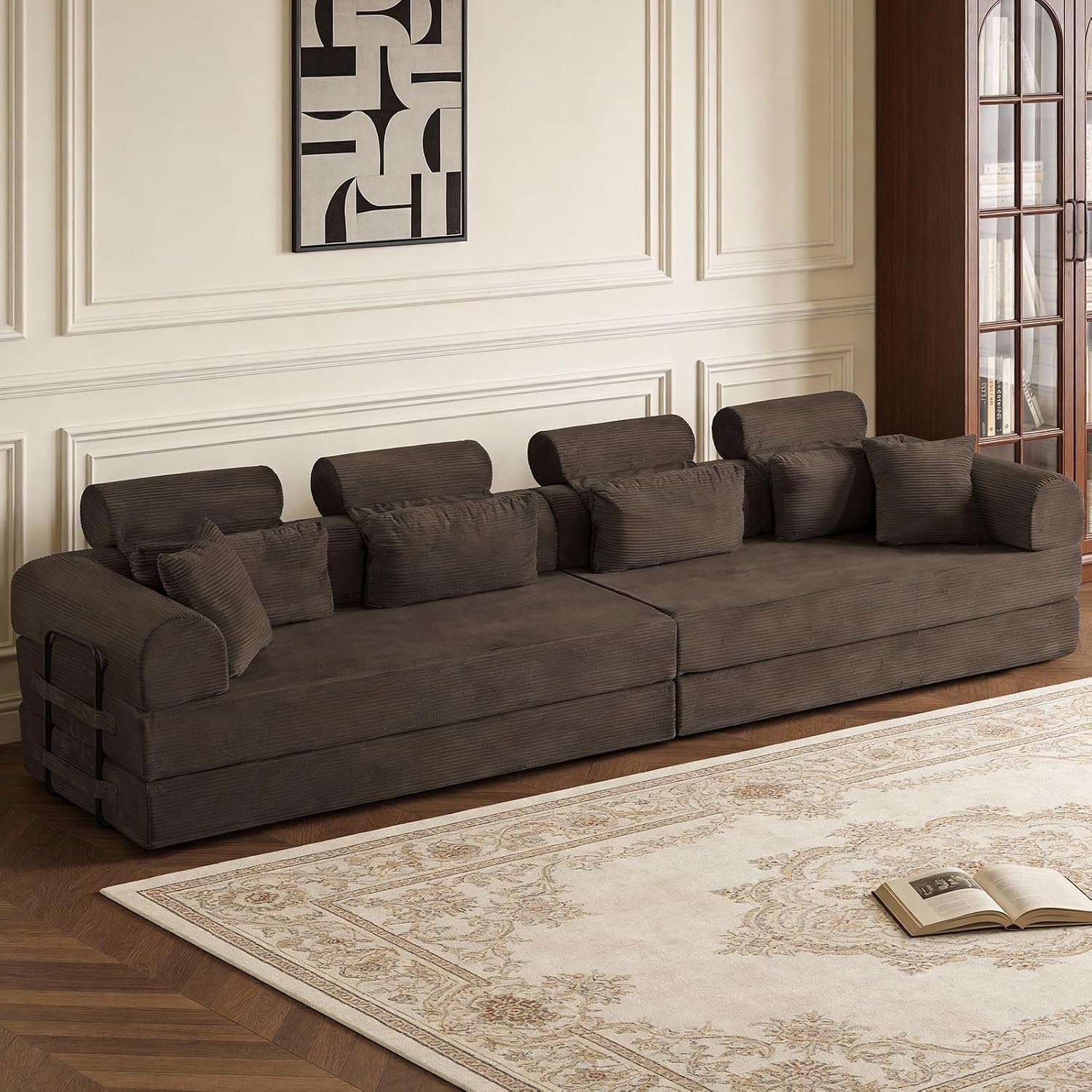 KEIKI 6-in-1 Folding Convertible High Back Sofa Sleeper, 106' Oversized Modular Sectional Corduroy Upholstered L Shape Couches for Living Room, Ergonomic Support for Loft Living Space, Brown
