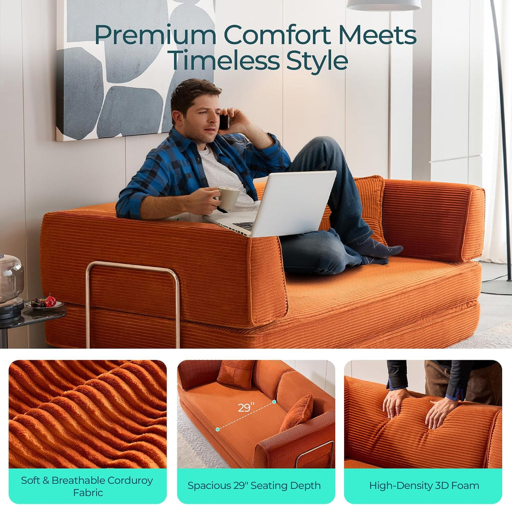 LINSY HOME Sofa Bed Couch - Convertible Boneless Couch Bed with 2 Pillow (Orange) | Folding Sofa Bed