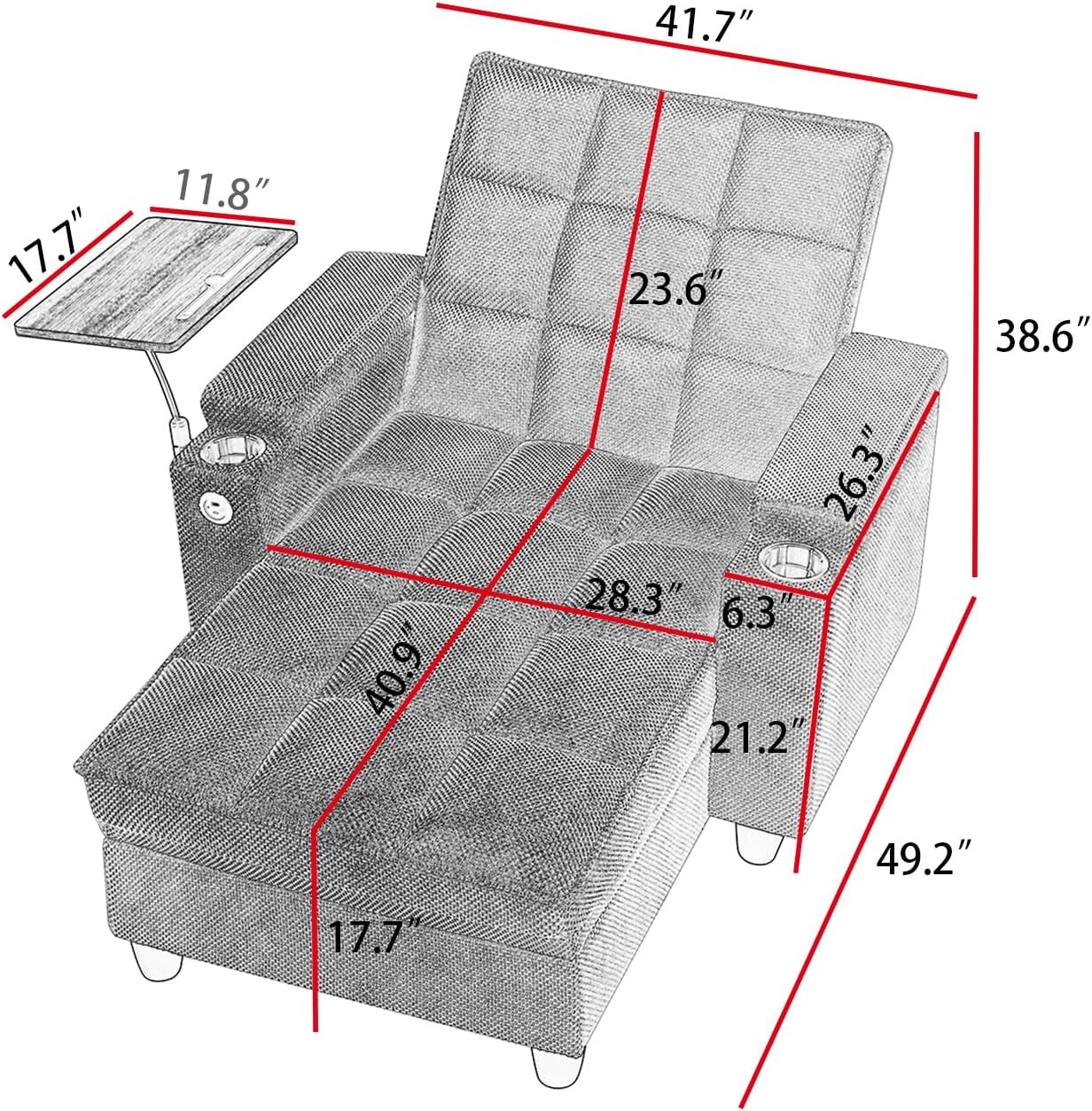 Eafurn 6-Position Adjustable Convertible Chaise Lounge Sleeper Chair with Storage, Modern Recliner Armchair with Swivel Tray Table & USB Port, Multi-Functional Tufted Accent Chair for Small Space