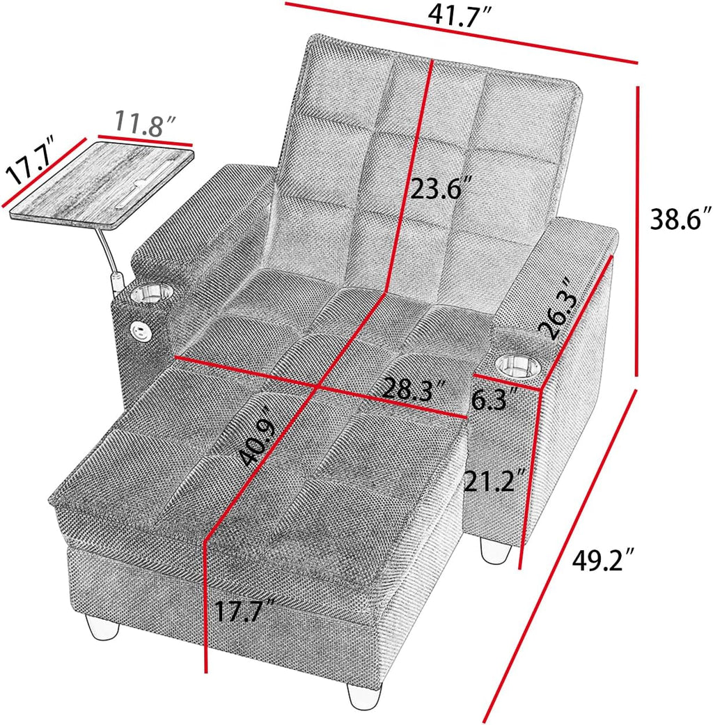 Eafurn 6-Position Adjustable Convertible Chaise Lounge Sleeper Chair with Storage, Modern Recliner Armchair with Swivel Tray Table & USB Port, Multi-Functional Tufted Accent Chair for Small Space