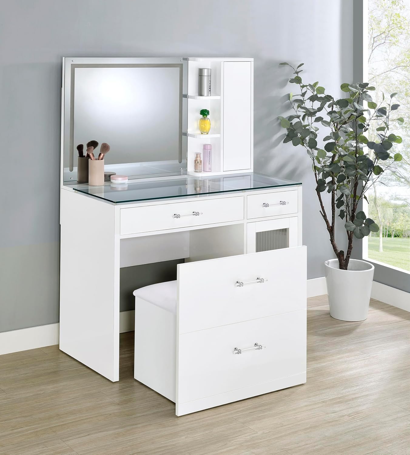 Coaster Home Furnishings Flora 2-Drawer Vanity Set with Led Mirror White High Gloss