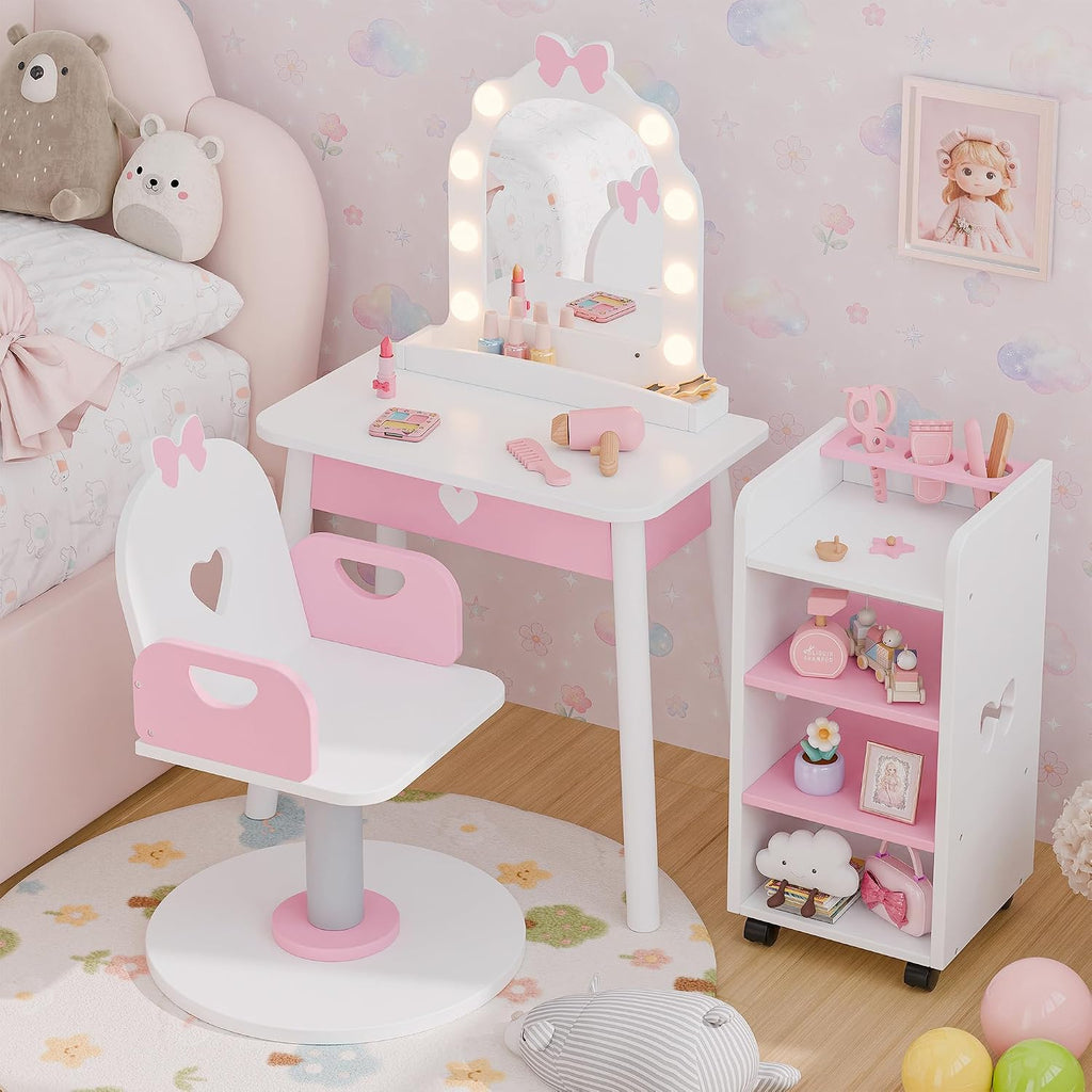 Kids Vanity Set with Light and Barber Chair, White Pink Makeup Dressing Vanity Table with Storage Shelf and Hair Salon Play Set 7 pcs Accessories, Pretend Play Vanity Set for Toddler Girls