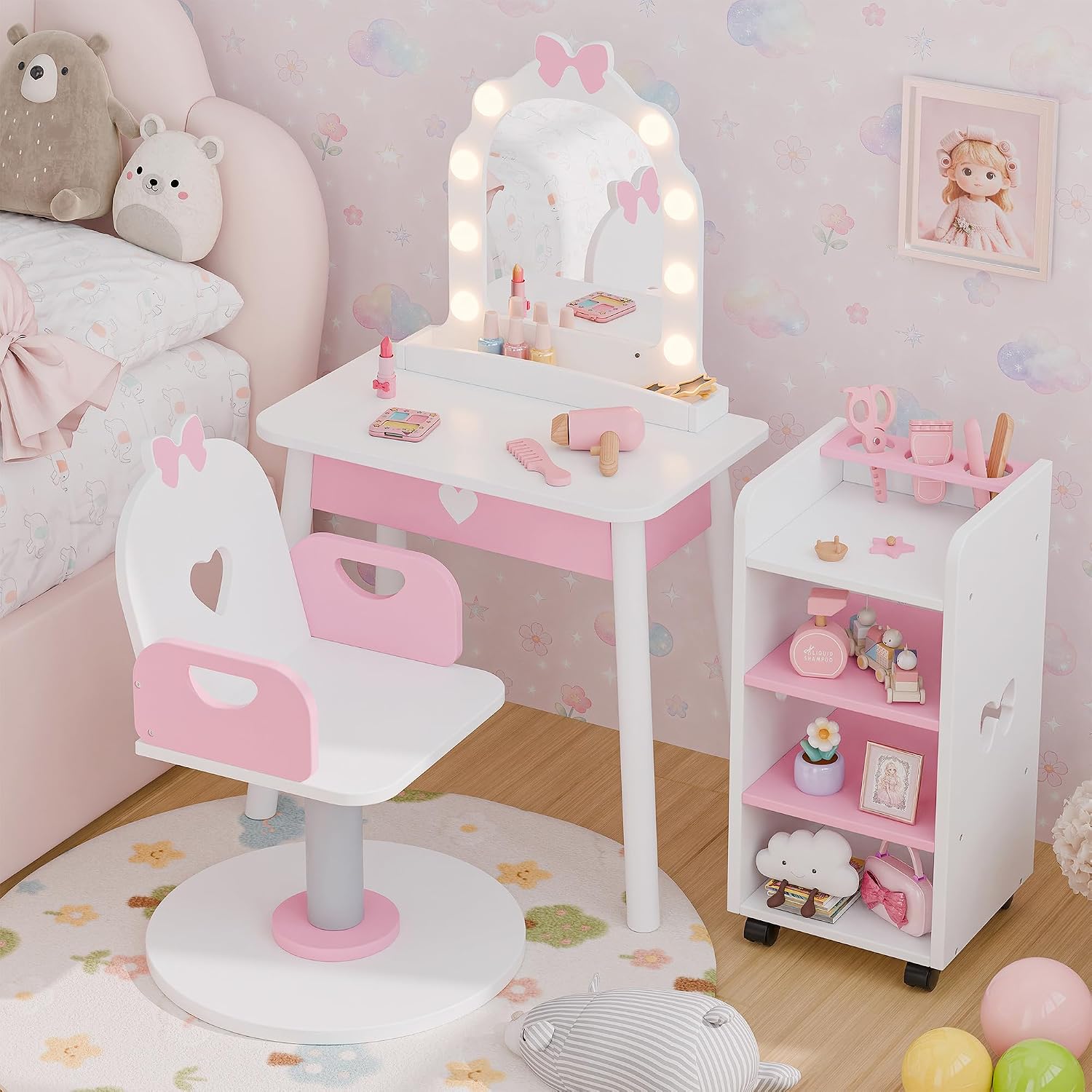 Kids Vanity Set with Light and Barber Chair, White Pink Makeup Dressing Vanity Table with Storage Shelf and Hair Salon Play Set 7 pcs Accessories, Pretend Play Vanity Set for Toddler Girls