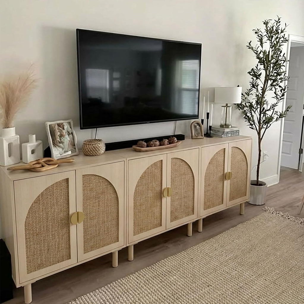 Rattan Cabinet, Sideboard with Magnetic Door Latch & Adjustable Shelf, Beige Boho Buffet for Living Room Entryway, 29.8' W x 15.7' D x 31.5' H (2Pc)